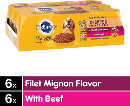 CHOPPED GROUND DINNER Adult Canned Soft Wet Dog Food Variety Pack, Filet Mignon Flavor and with Beef, 13.2 Oz. Cans (Pack of 12)