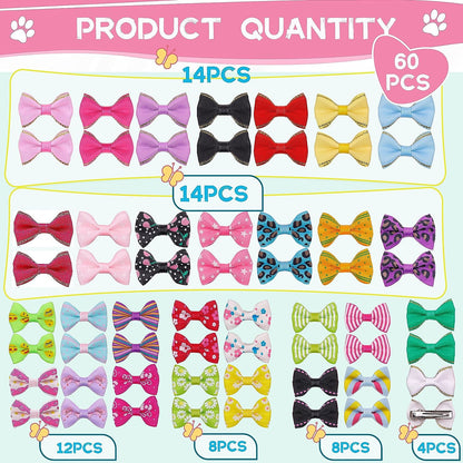 60PCS (30 Paris) Cute Puppy Dog Small Bowknot Hair Bows with Metal Clips Handmade Hair Accessories Bow Pet Grooming Products (60 Pcs,Cute Patterns)