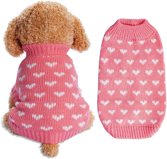 Dog Knitted Sweater Heart Puppy Sweater Warm Soft Pet Holiday Clothes for Small Cats and Dogs (Pink, S)